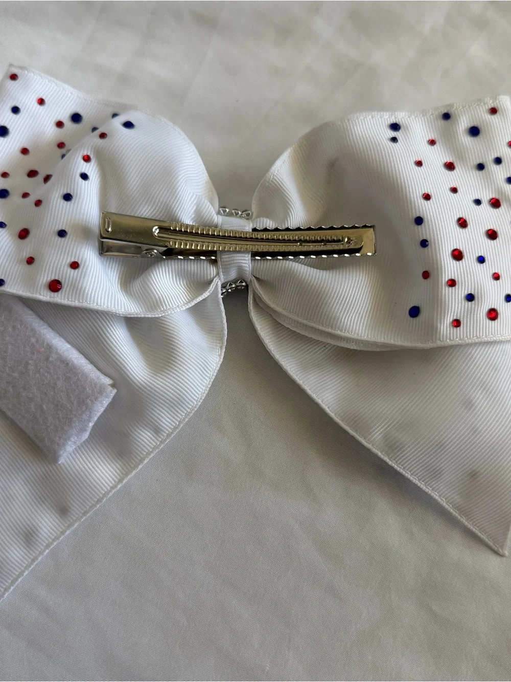 White Kids Hair Bow with Red & Blue Dots and Rhinestone Center